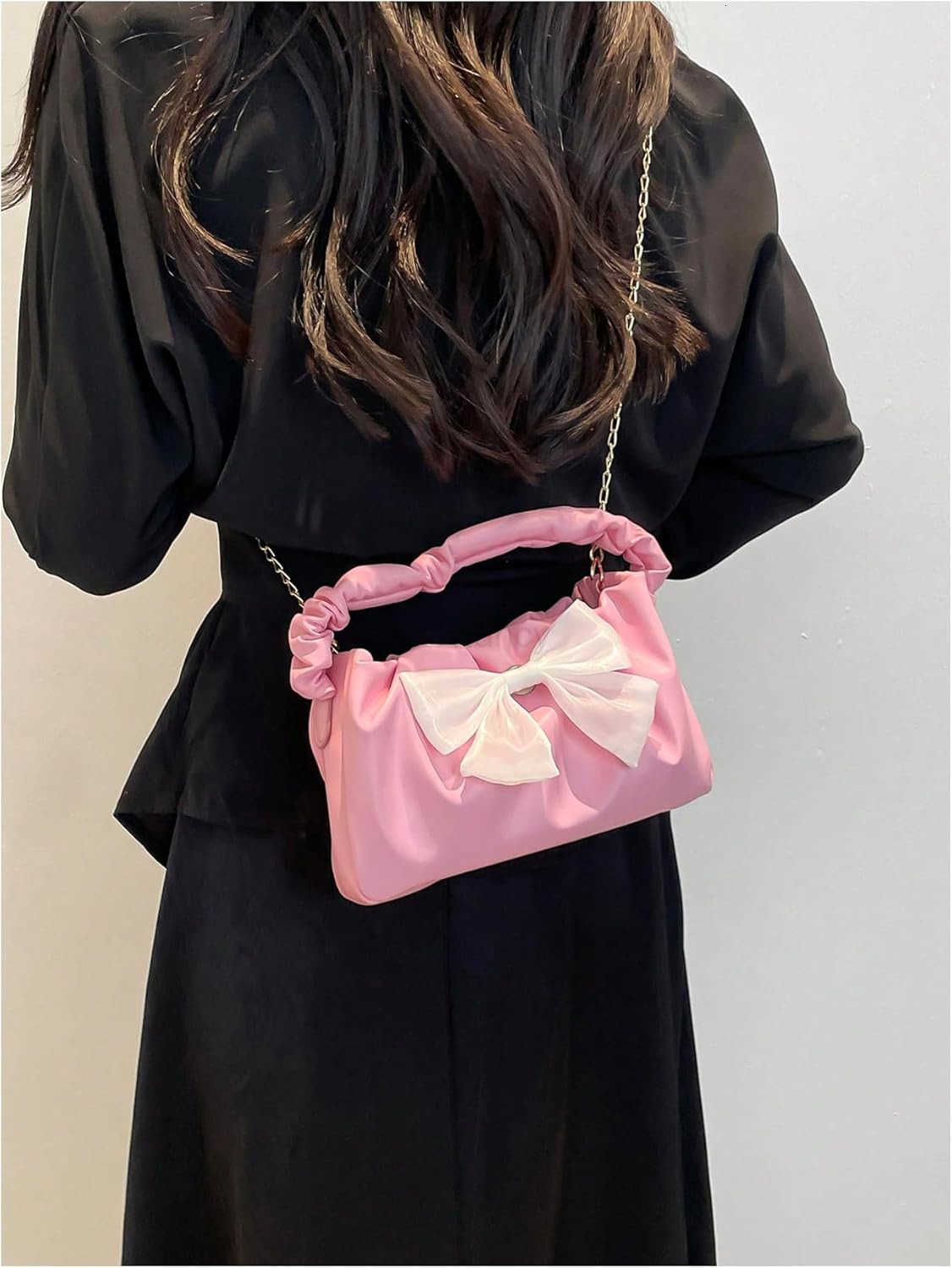 Womens Bow Ruched Strap Handbag Elegant Top Handle Chain Crossbody BagW250913