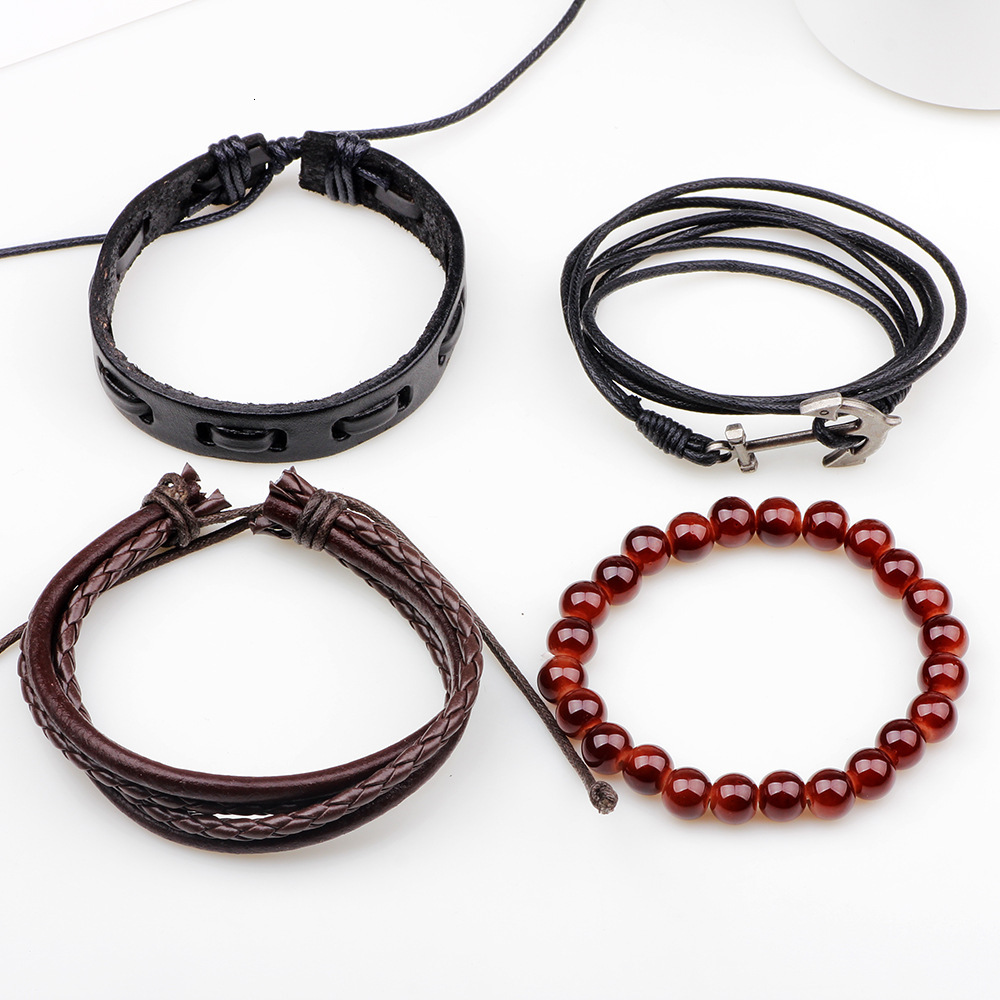 Qino New Navy Cowhide Multi-Strand Bracelet Handmade Woven Beaded National Style Jewelry Anchor Set for Men ddmymoon