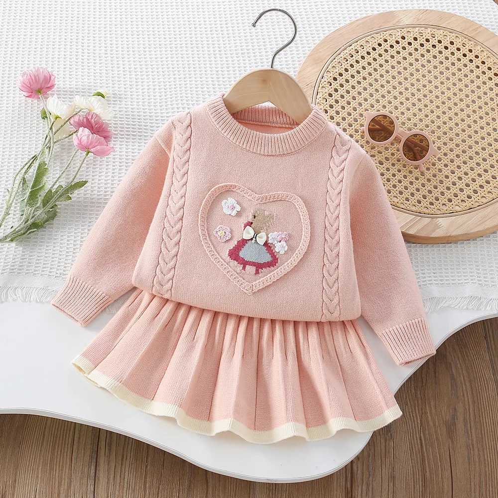 Kids Girls Knitted Sweaters Suit 2025 Autumn Winter New Flowers Children Girls Fashionable Twopiece Skirt Suit C250913