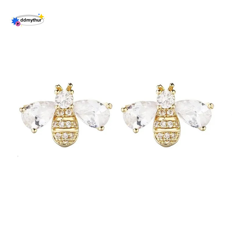 Gold Tone Bee Shaped Stud Earrings Crystal Wing Accents Cute Daily Gift For Her High Quality And Stylish Jewelry ddmythur