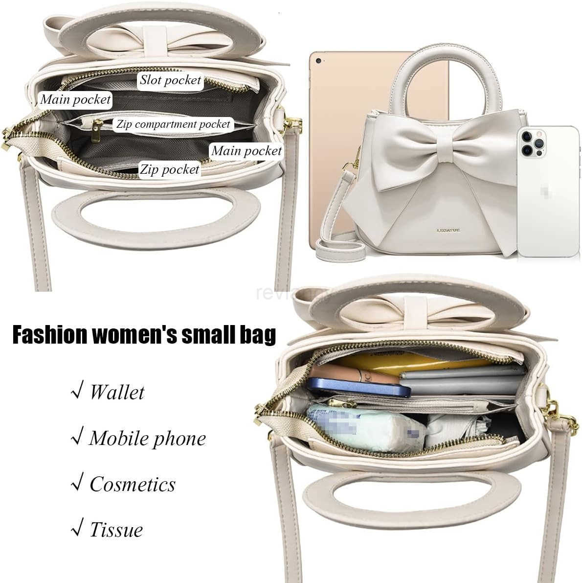 Small Handbags for Women with Top Carry Handle and Cute Bow KnotLeather Purses and OverShoulder StrapW250913