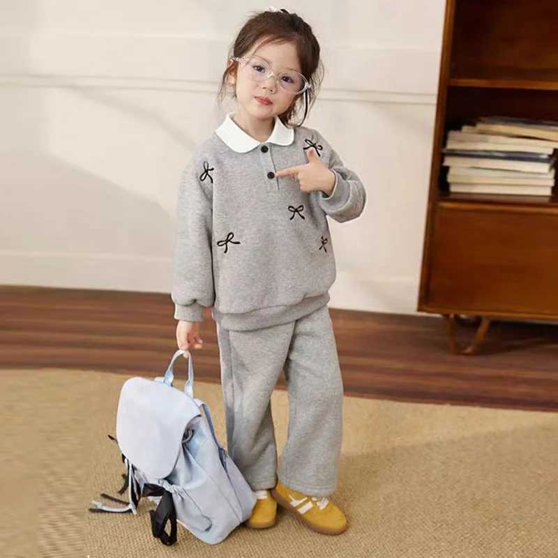 Girls Autumn Sets Childrens Fleece Sweatshirt Suits Kids Winter Bow PulloverPants 2Pcs Outfits Baby Teenager Fashion Clothing C250913