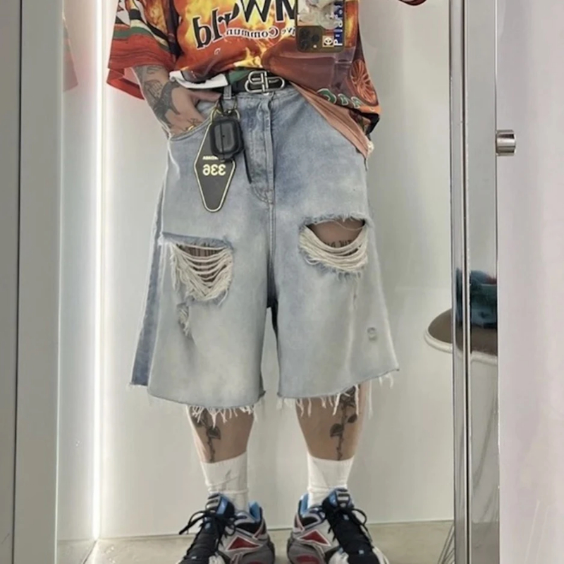 Vintage Summer Light blue Washed Hole Baggy Denim Shortsfor Men and Women Wide Leg Casual Jeans Oversized Ripped Overknee Pants
