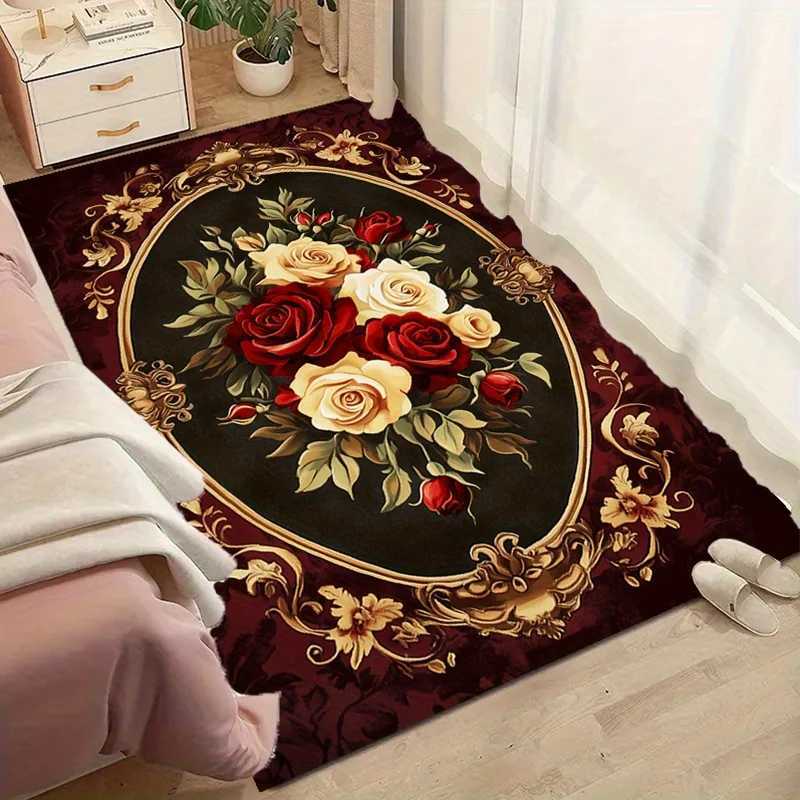 Retro Floral Area Rug Luxury Red White Rose Design Floor Mat for Entryway Bedroom Living Room NonPatchwork Large Size Carpet C250913