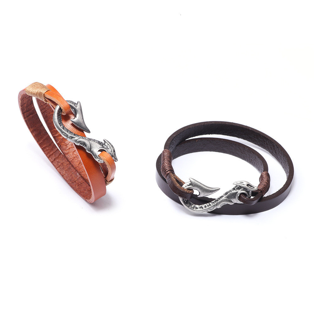 Cowhide Hand-Cut Woven Cord Metal Fish Hook Alloy Electroplated Antique Sier Leather Bracelet ddmymoon