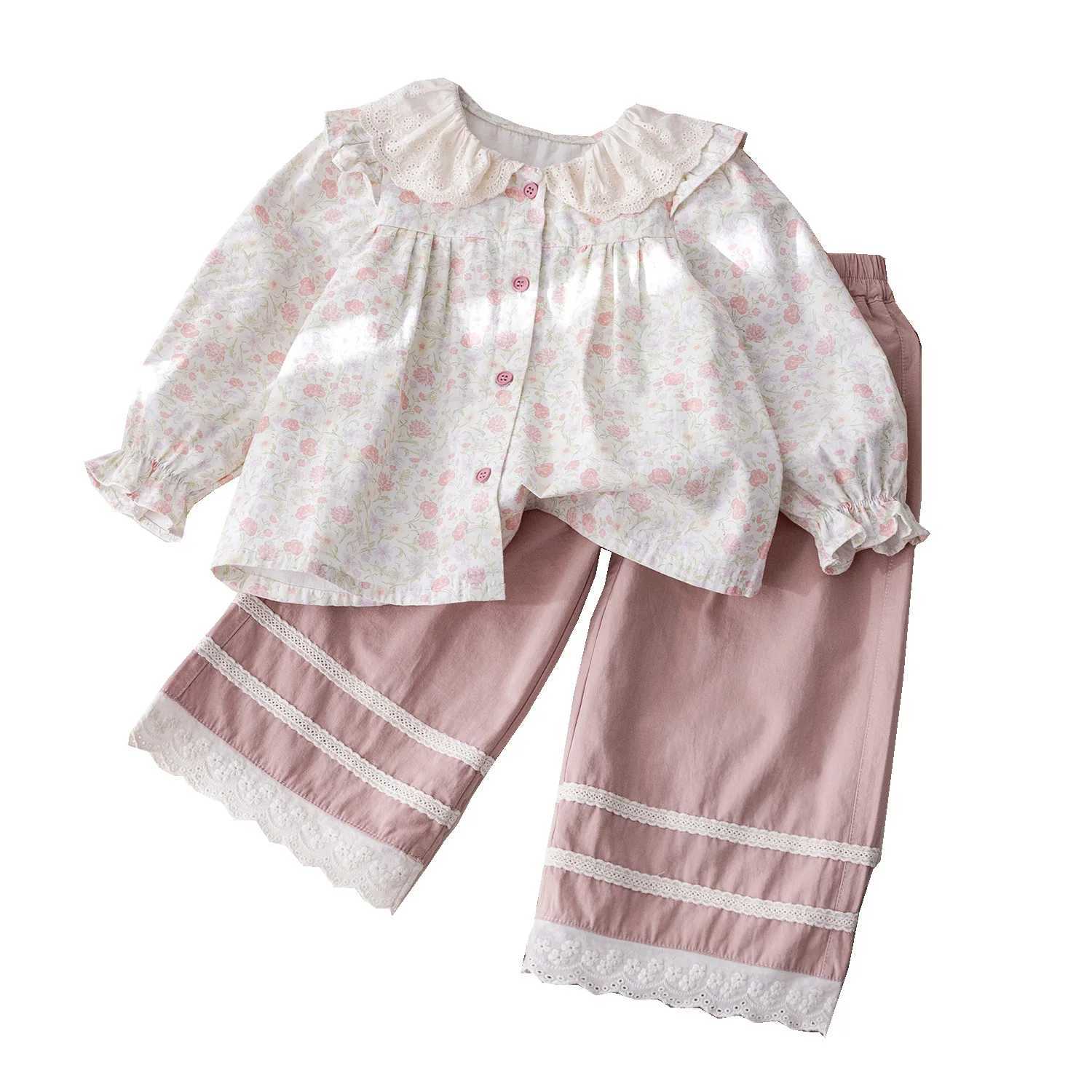 Children Girls 2piece Set Autumn Ruffled Collar Long Sleeve Floral Print Kids Girl Top Elastic Waist Lace Trim Toddler Girl Pant C250913