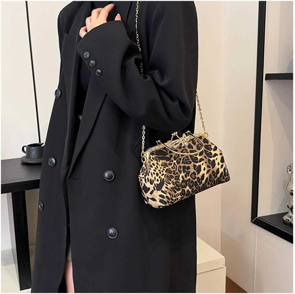 Evening Clutch Purse with Chain Cheetah Print Kiss Lock Evening Handbag and Purse Party Prom Evening Tote BagsW250913
