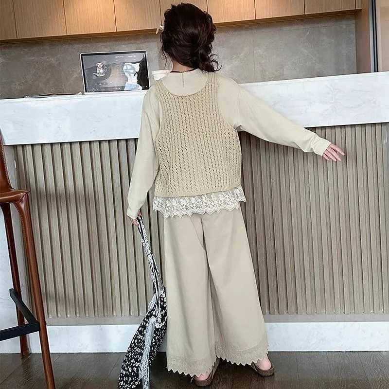 Knitted Vest Lace Top Wideleg Pants Koreanstyle Threepiece Set 3Piece Girlss Sets Girl Long Sleeve Childrens Clothing C250913