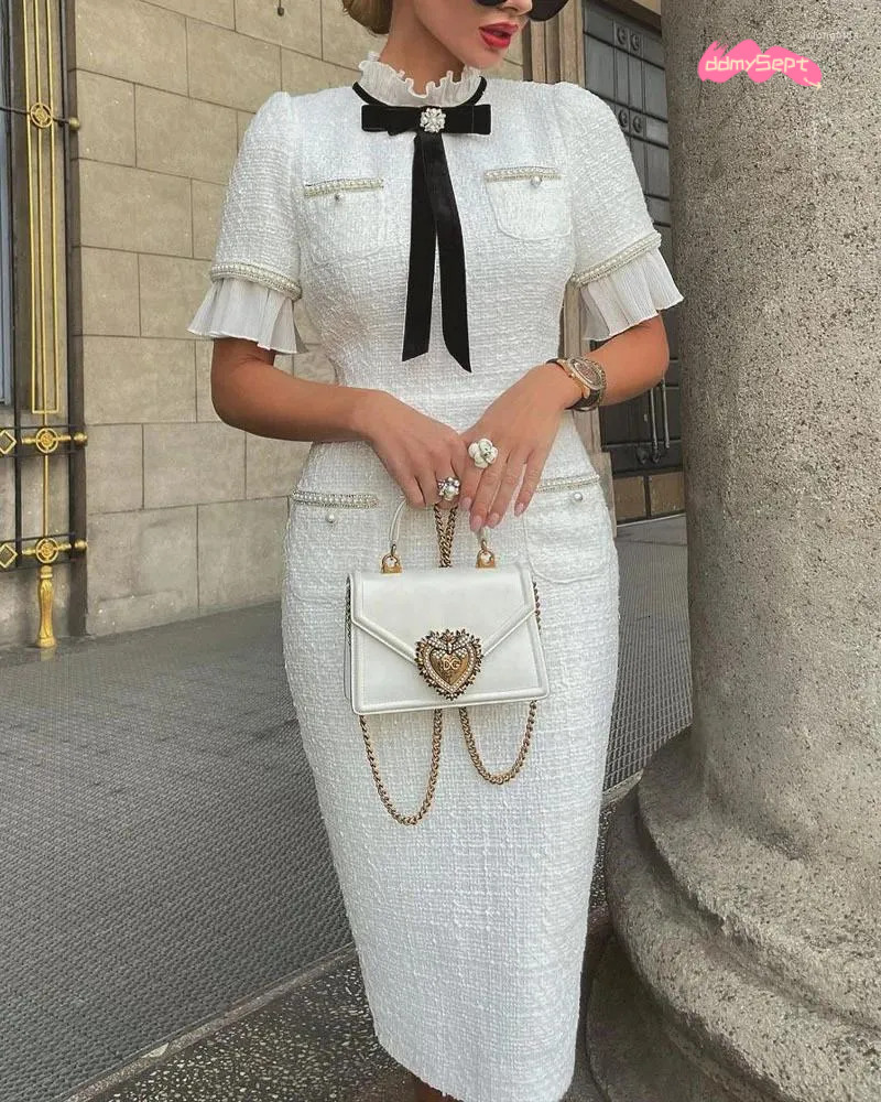 Casual Dresses Women Dress Elegant Round Neck Short Sleeves Bow Ruffle Hem Beaded Fashion High Street Fairycore White ddmythur