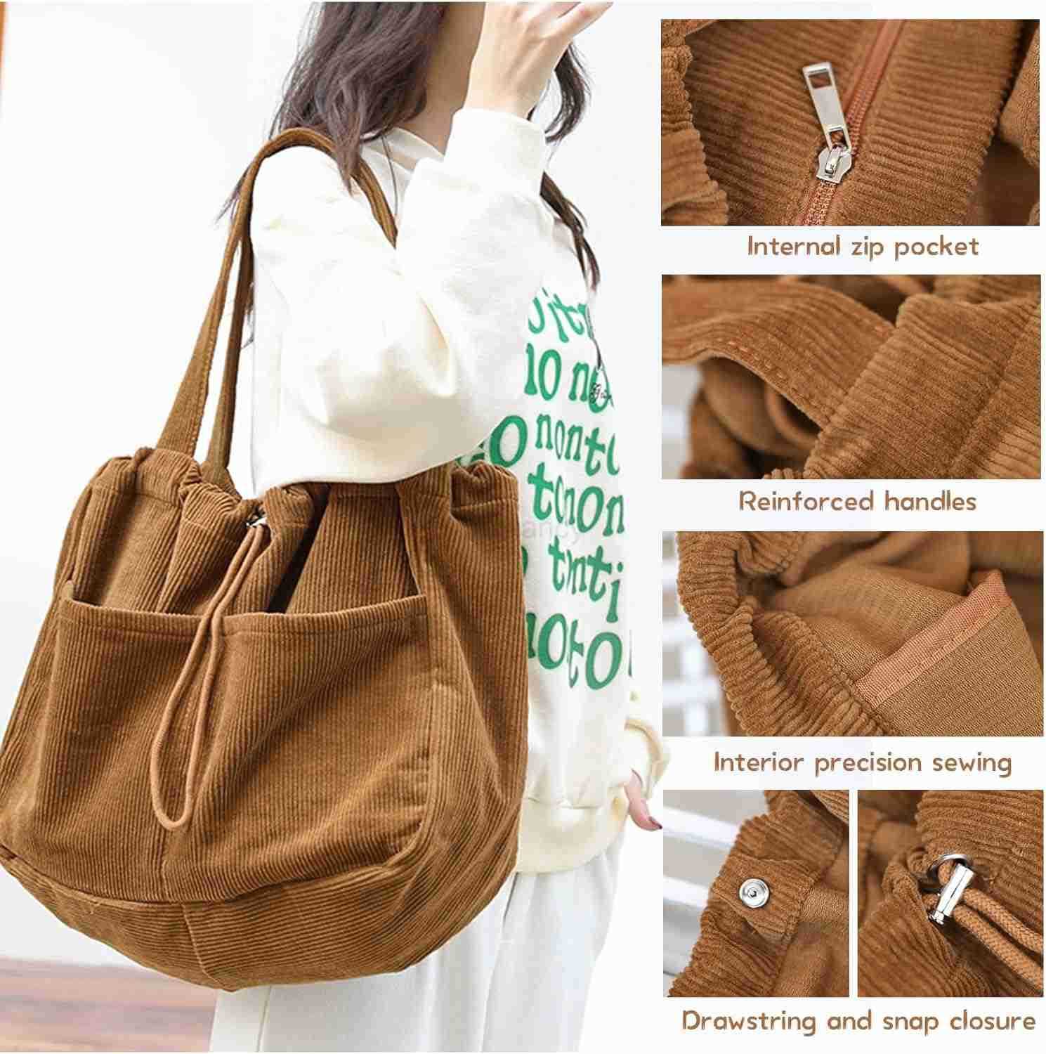Corduroy Tote Bag for Women Large Capacity Corduroy Bag Work Drawstring Bags with Inner Pocket Office Tote HandbagW250913
