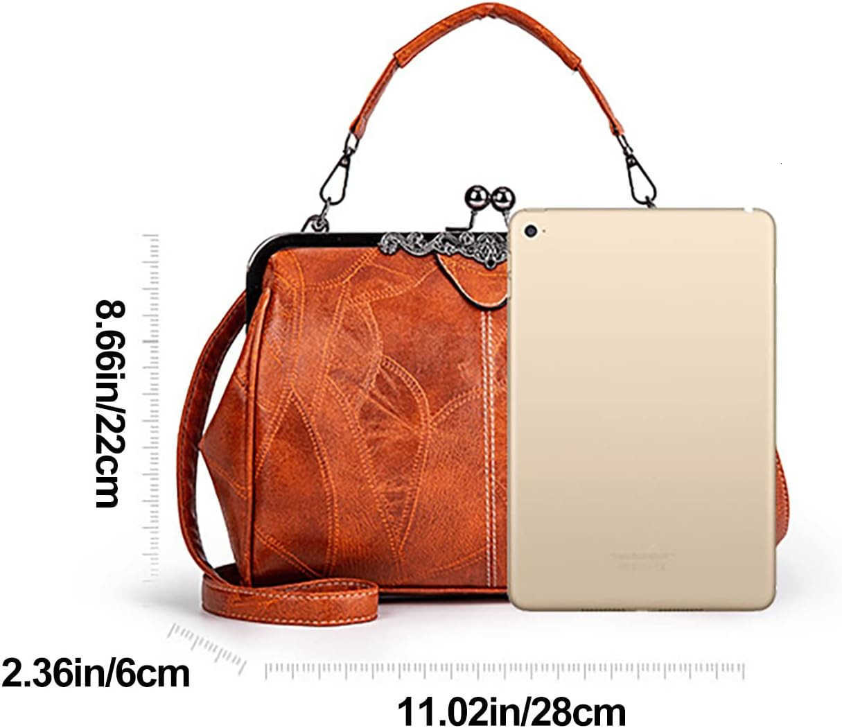 Women Vintage Hollow Handbag Oil Leather Shoulder Crossbody Bag Clutch Satchel Purse with Kiss Lock ClosureW250913