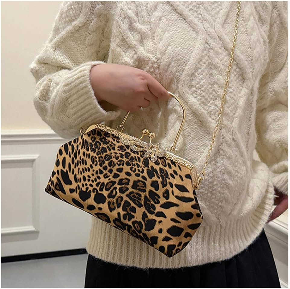 Evening Clutch Purse with Chain Cheetah Print Kiss Lock Evening Handbag and Purse Party Prom Evening Tote BagsW250913