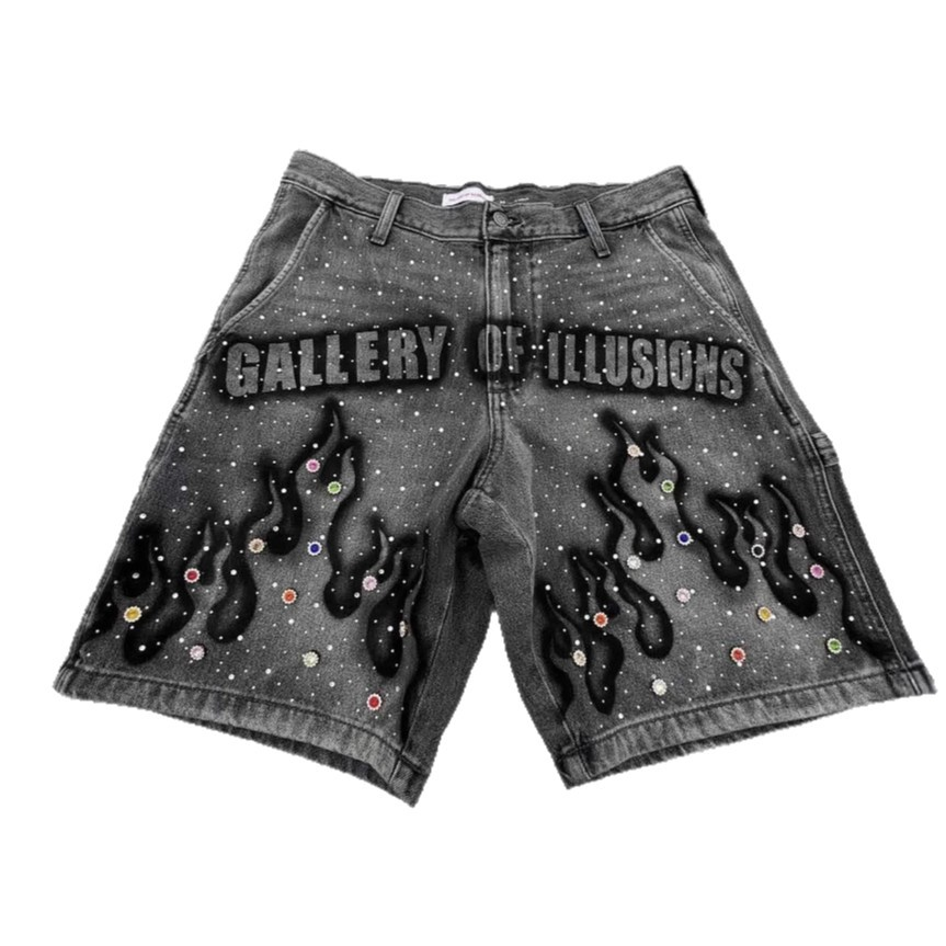 Men's Y2K Fashion Distressed Jeans Retro Rhinestone Flame Pattern Printing Casual Washed Denim Shorts Men Women High Waist Hip Hop Streetwear Des