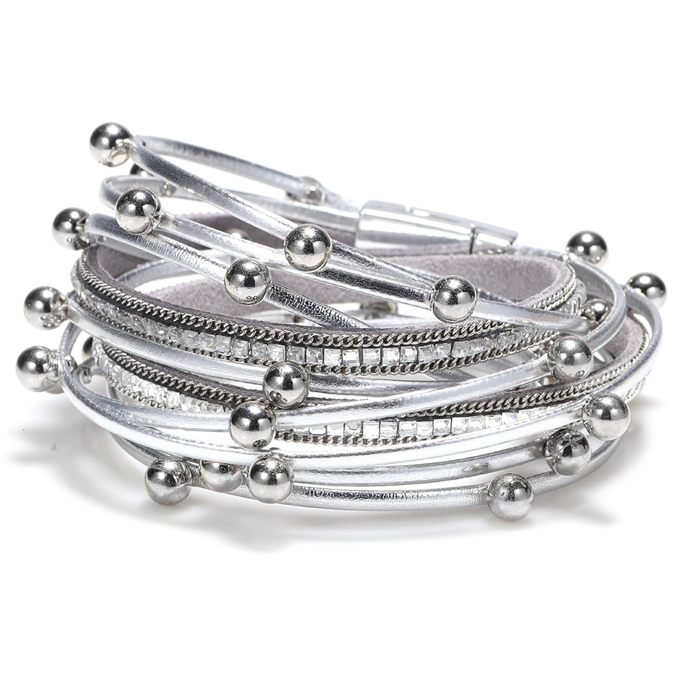 Temu Fashion Leather with Rhinestones and Pearls Multi-layer Wrapped Magnetic Clasp Bracelet Jewelry ddmymoon