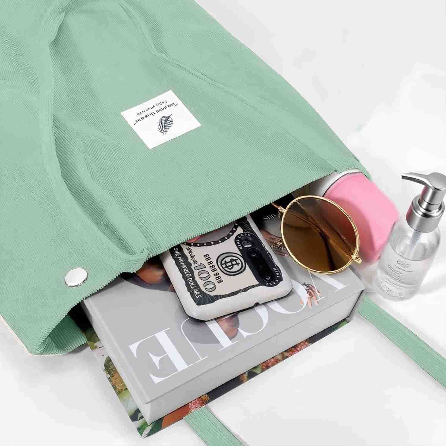 Corduroy Tote Bag for Women Canvas Shoulder Purse Cord Handy Bag with Inner PocketW250913