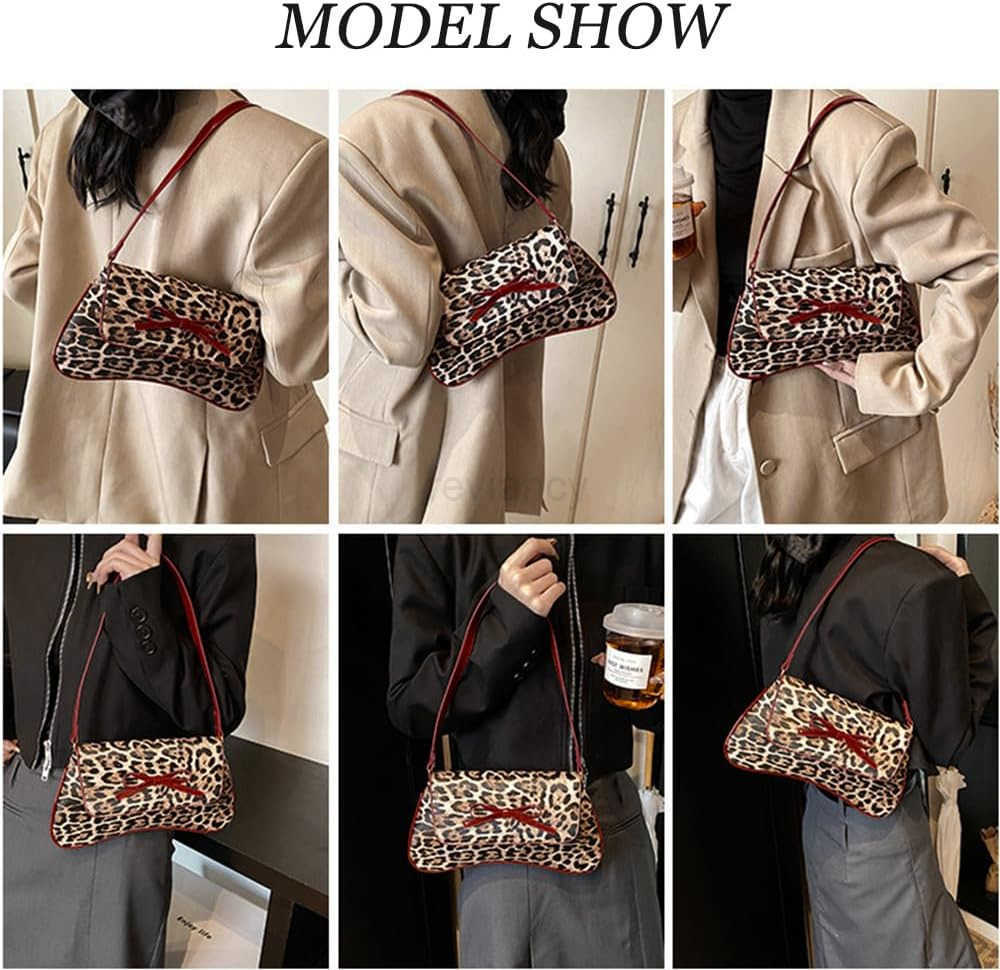 Womens Leopard Print Shoulder Bag Underarm Hobo Handbag with Bow TopHandle BagsW250913