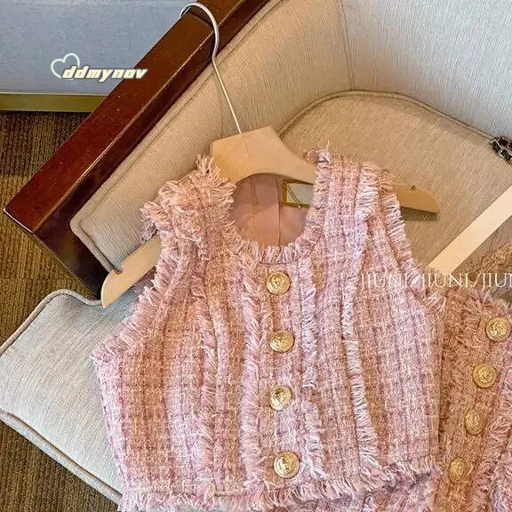 Pink Tweed 2 Pieces Sets Elegant Sleeveless Vest Women A-Line Korean Style Two Piece Skirt Suits Rich Girl Matching Outfit dongdumaoyi ddmynov