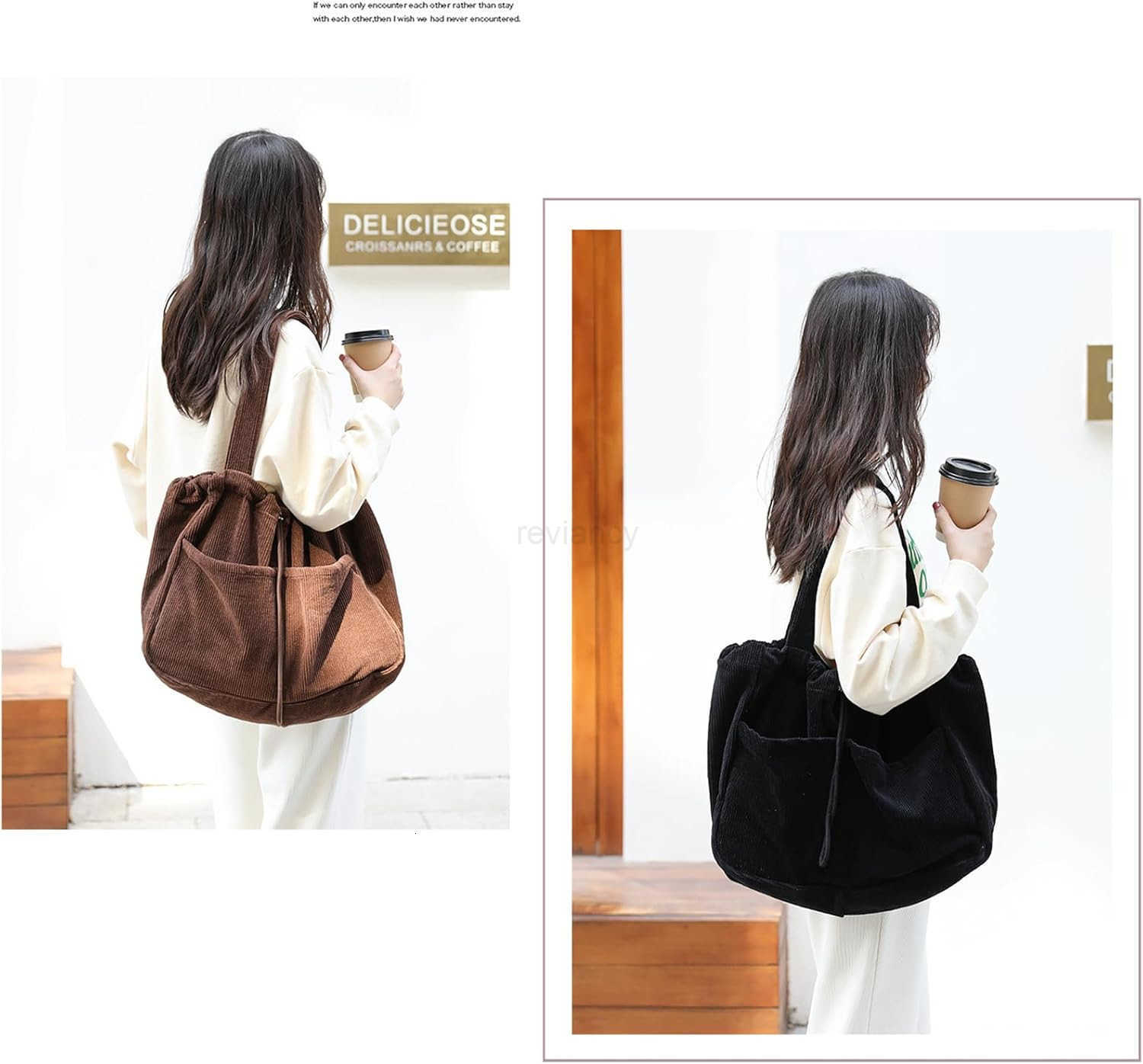 Corduroy Tote Bag for Women Large Capacity Corduroy Bag Work Drawstring Bags with Inner Pocket Office Tote HandbagW250913