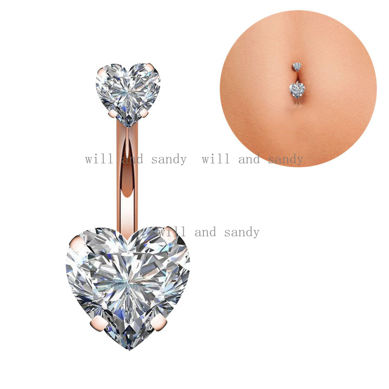 Cubic Zirconia Diamond Double Heart Navel Belly Ring Love Heart Gold Anti Allergy Stainless Steel Belly Button Ring Piercing Body Jewelry for Woman Cr