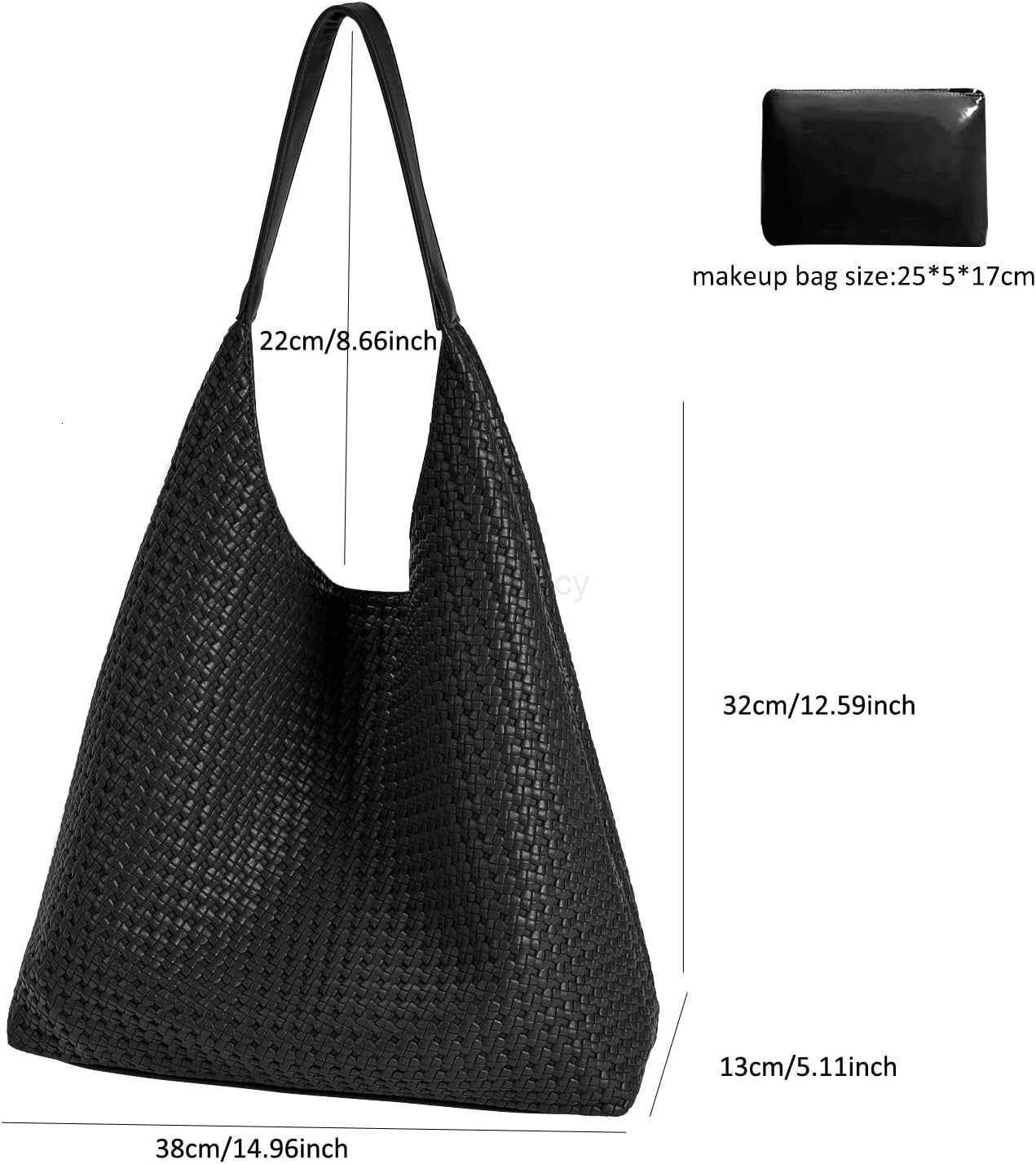 Tote Bag for Women Tophandle Shoulder Bag Leather Woven Beach Bag Soft Vegan Handbag Underarm BlackW250913