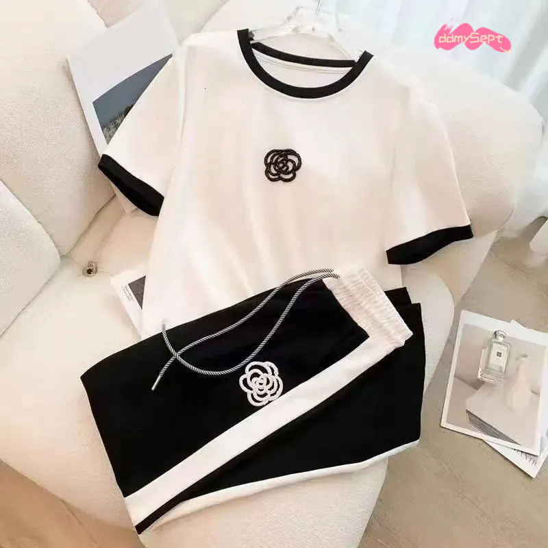 Designer Casual Sports Suit For Women Summer Thin Street Fashionable Trendy Youthful Wide-Leg Pants Fashion Two-Piece Set ddmythur