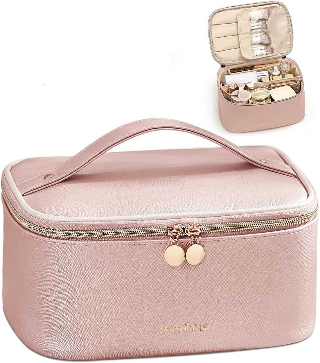 Bag Portable Cosmetic Organizer with Brush Holder Waterproof Travel Toiletry Bag for Women with Handle and Divider BlueW250913