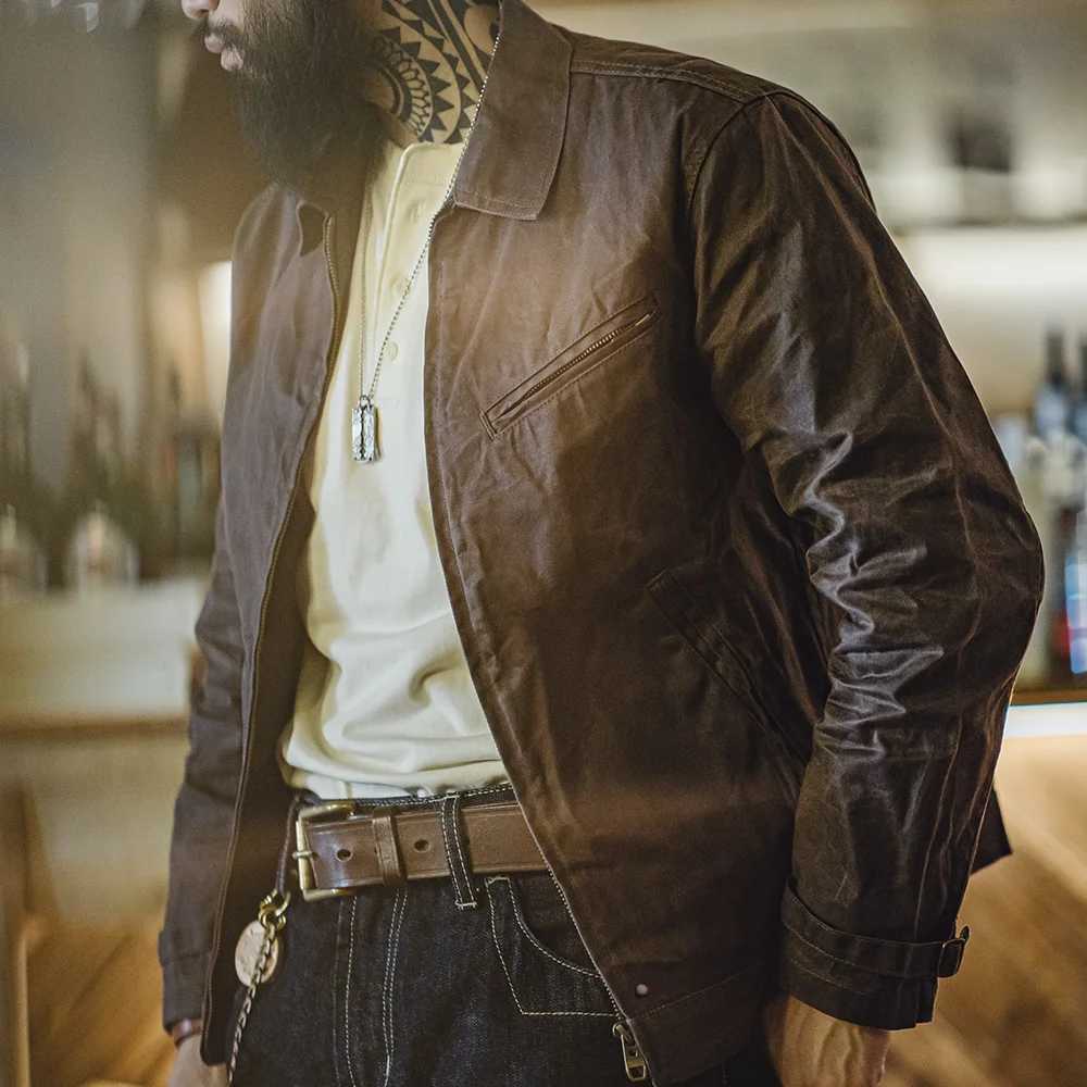 Mens Vintage IV Oil Waxed Canvas Jacket Lapel Zipper Short Outerwear Classic Slim Fit for Mens Spring and Fall Jacket Z250913
