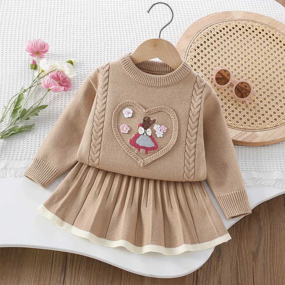 Kids Girls Knitted Sweaters Suit 2025 Autumn Winter New Flowers Children Girls Fashionable Twopiece Skirt Suit C250913