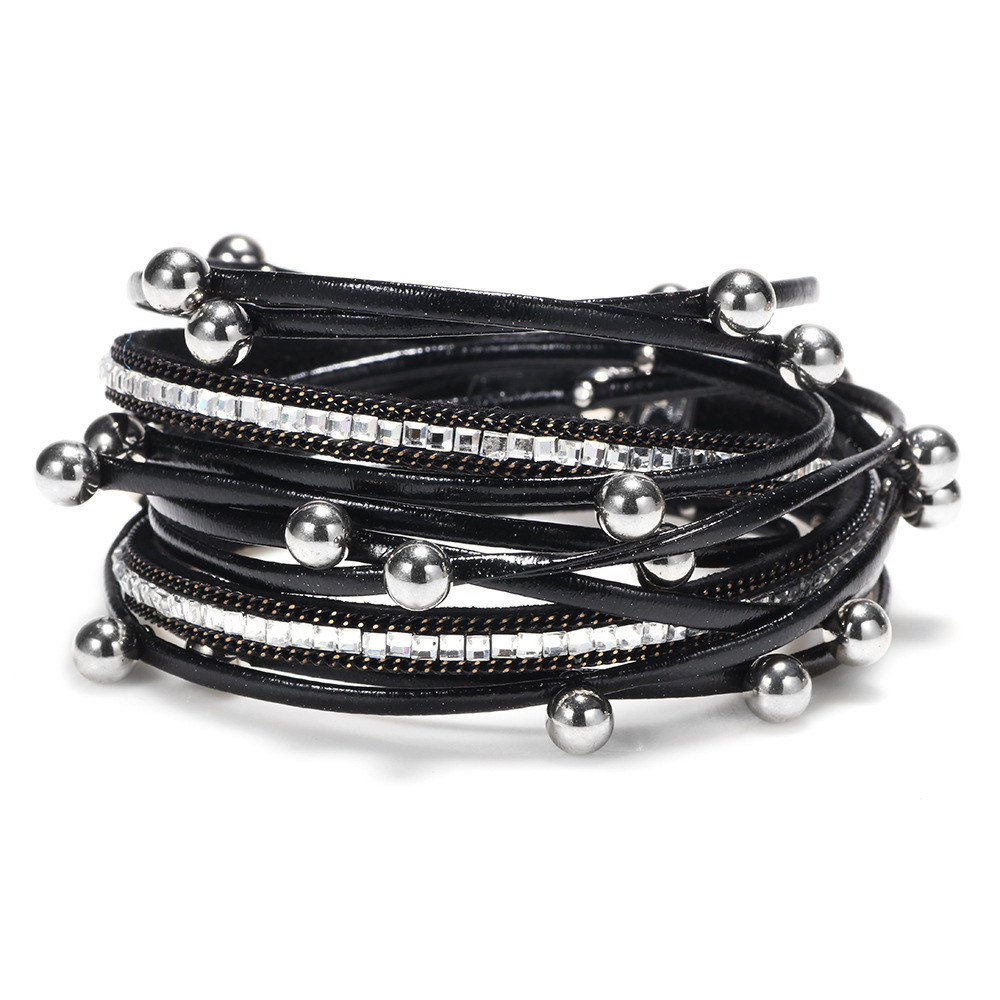 Temu Fashion Leather with Rhinestones and Pearls Multi-layer Wrapped Magnetic Clasp Bracelet Jewelry ddmymoon