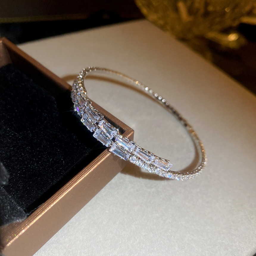 Gold Toned Bangle With Baguette Cut Clear Crystals, Double Layered Sparkly Pave Design Delicate Daily Glamorous Jewelry Gift For Her High - Quality An