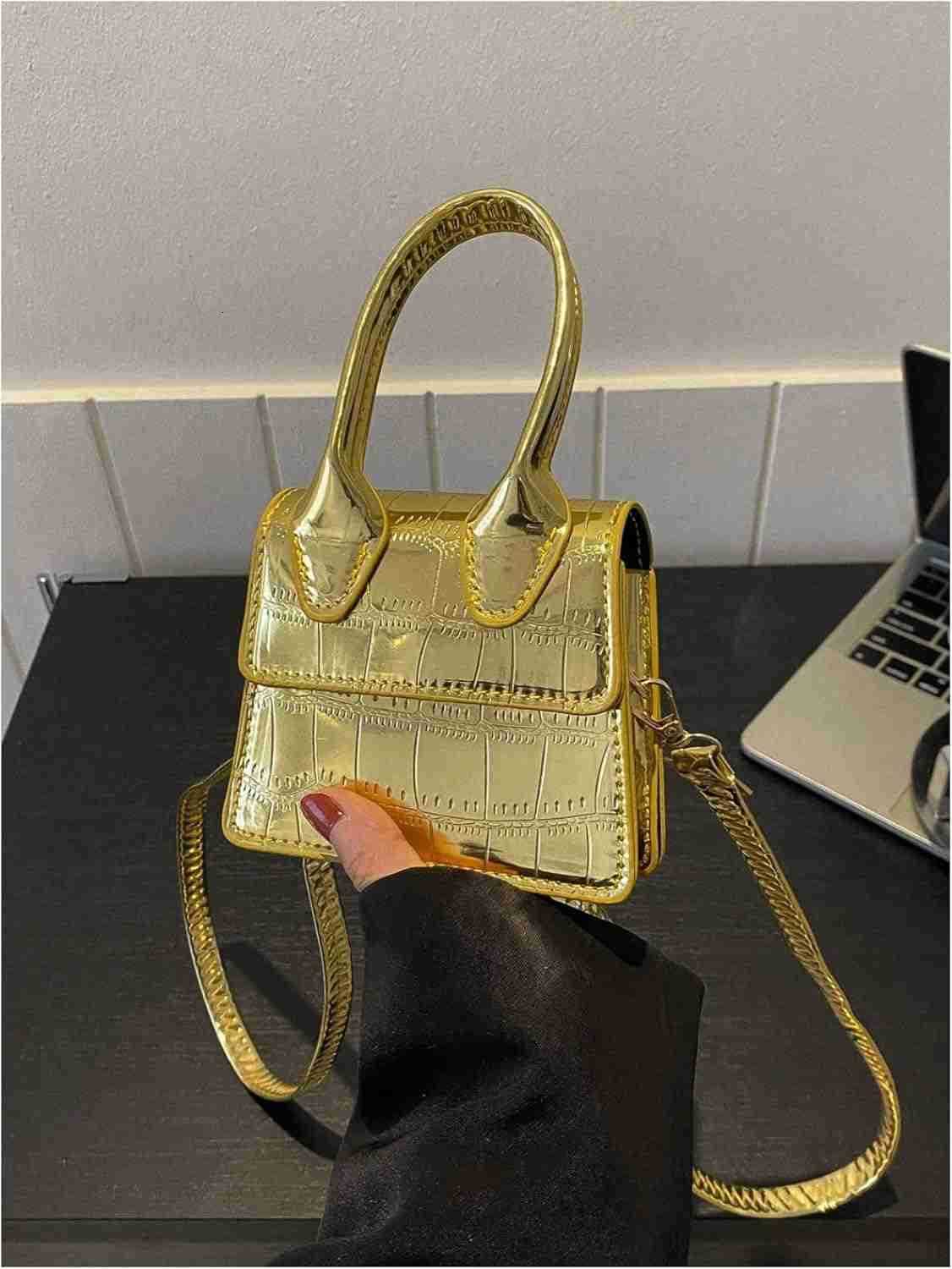 Womens Crocodile Embossed Mini Square Bag Metallic Top Handle Crossbody Handbag Flap Clutch BagsW250913