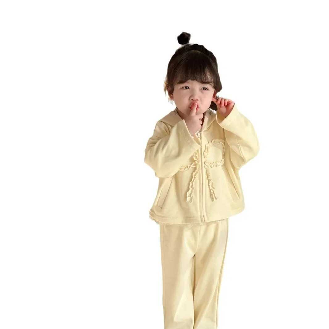 Girls Sweatshirt Set Spring New 2025 Bow Korean Fashion Cute Solid Color Coat Pants Two Piece Set Girls Clothes C250913