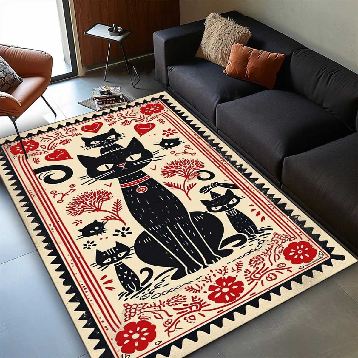 Large Black Cat Pattern Area Rug NonSlip Washable Polyester Carpet with Vibrant Red White Accents for Bedroom Study Dini C250913