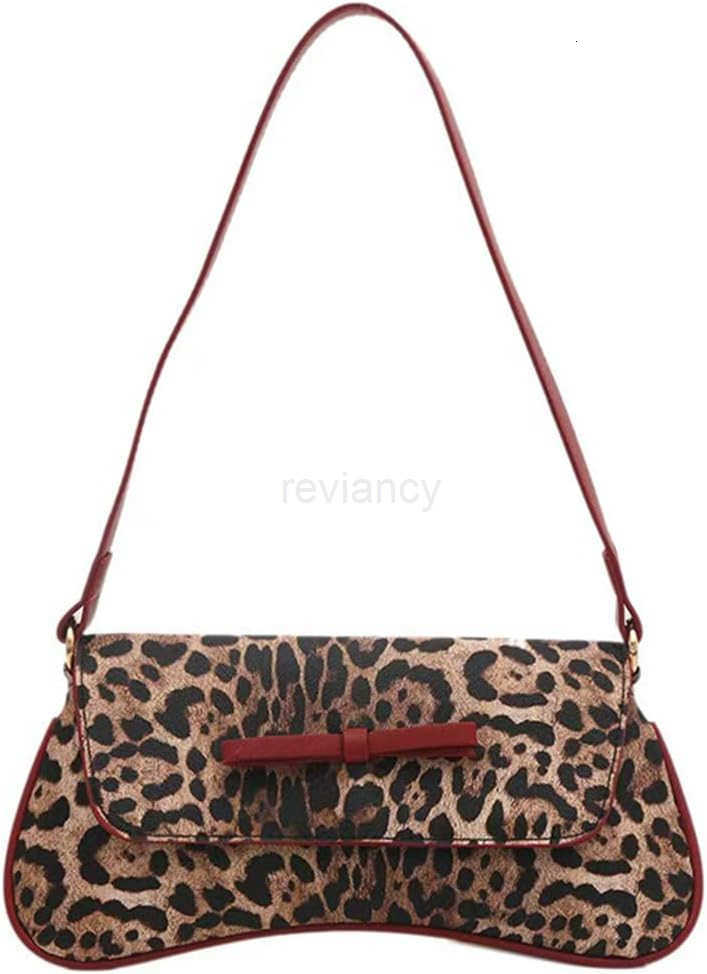 Womens Leopard Print Shoulder Bag Underarm Hobo Handbag with Bow TopHandle BagsW250913
