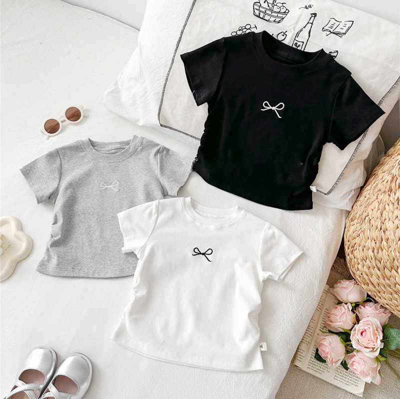 Girls Short Sleeve Slim Fit Cotton T-shirt Embroidered Bow Sweet Princess Style Top Shangqiu Children's Clothing