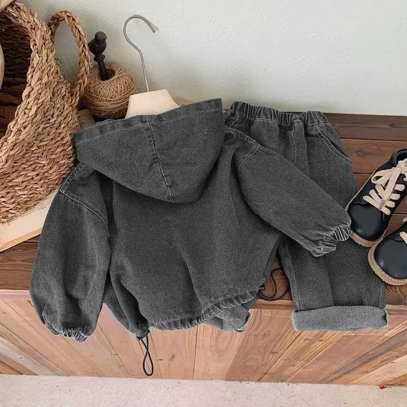 Childrens clothing Spring and Autumn boys denim hooded sweatshirt womens Baoyang solid color long sleeved top and pants set C250913