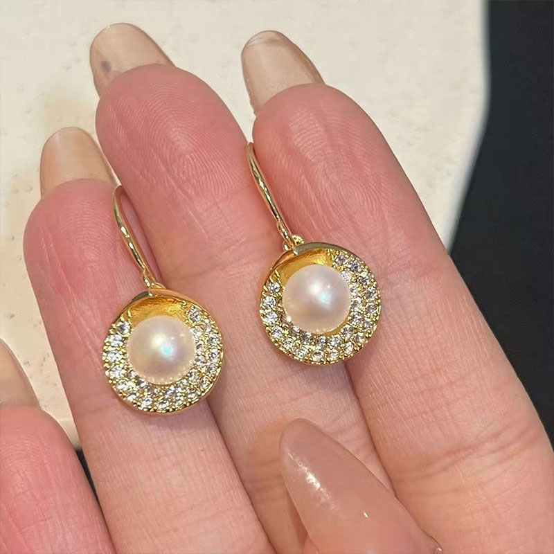 Crystal Circle Pearl Drop Earrings for Women Elegant Rhinestone Hoop Earrings Wedding Party Daily Jewelry Gift