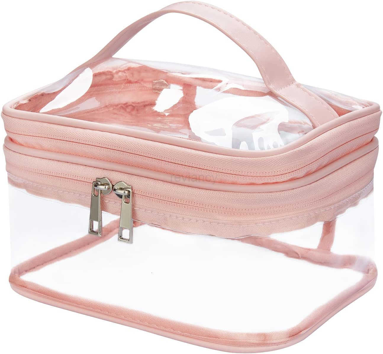 Double Layer Clear Cosmetic Bag Makeup Bag Waterproof Travel Toiletry Bag Transparent PVC Hair Nail Accessories Pouch Beach Bag Organizer PinkW250913
