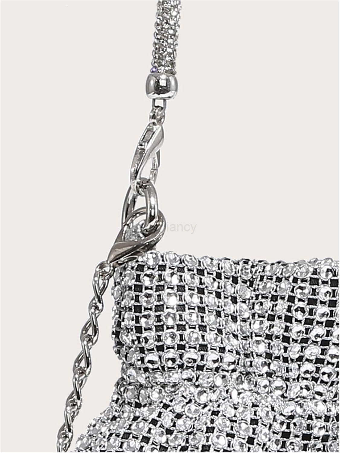 Womens Rhinestone Glitter Evening Bags Ruched Top Handle Metal Chain Clutch PursesW250913