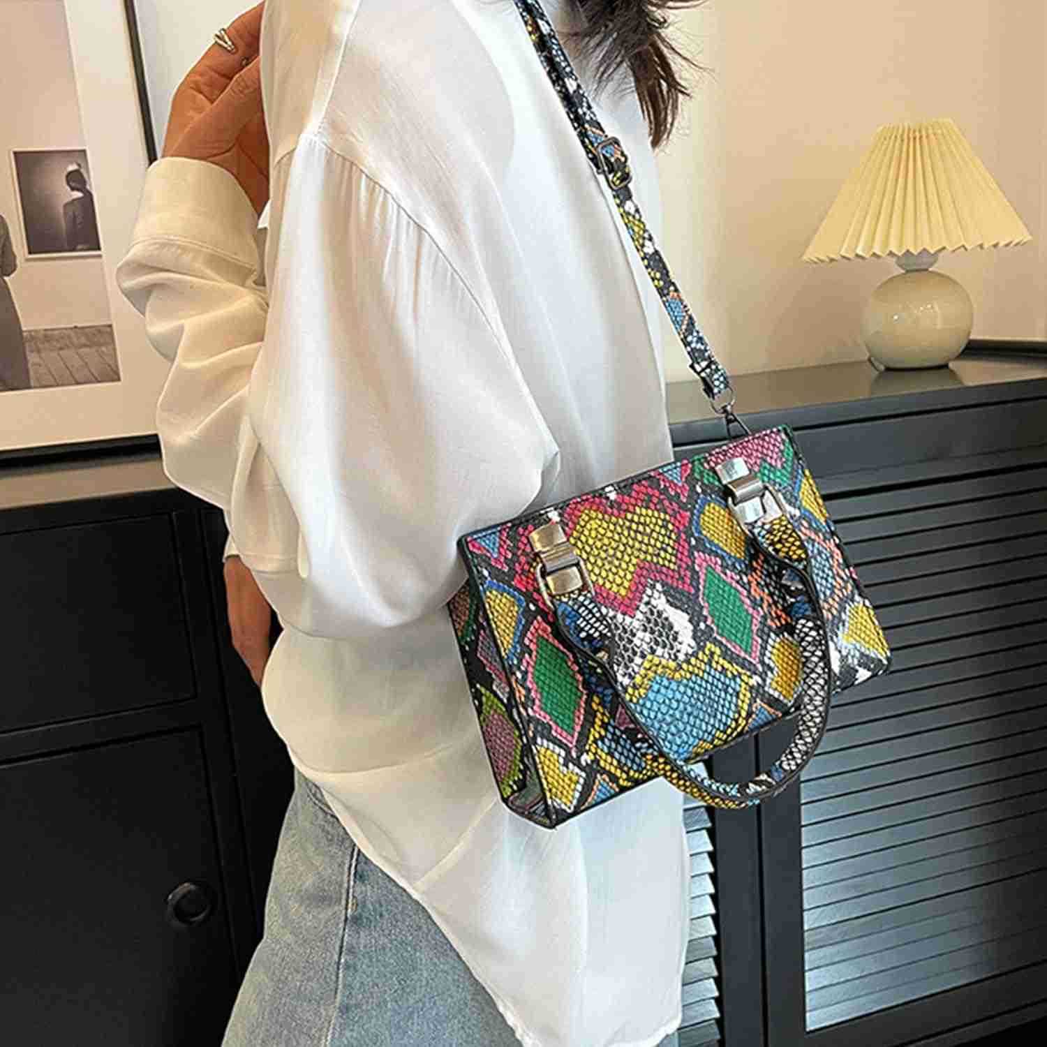 Women Mini Top Handle Bag Snakeskin Print Leather Crossbody Shoulder Bag Zipper Satchel PurseW250913