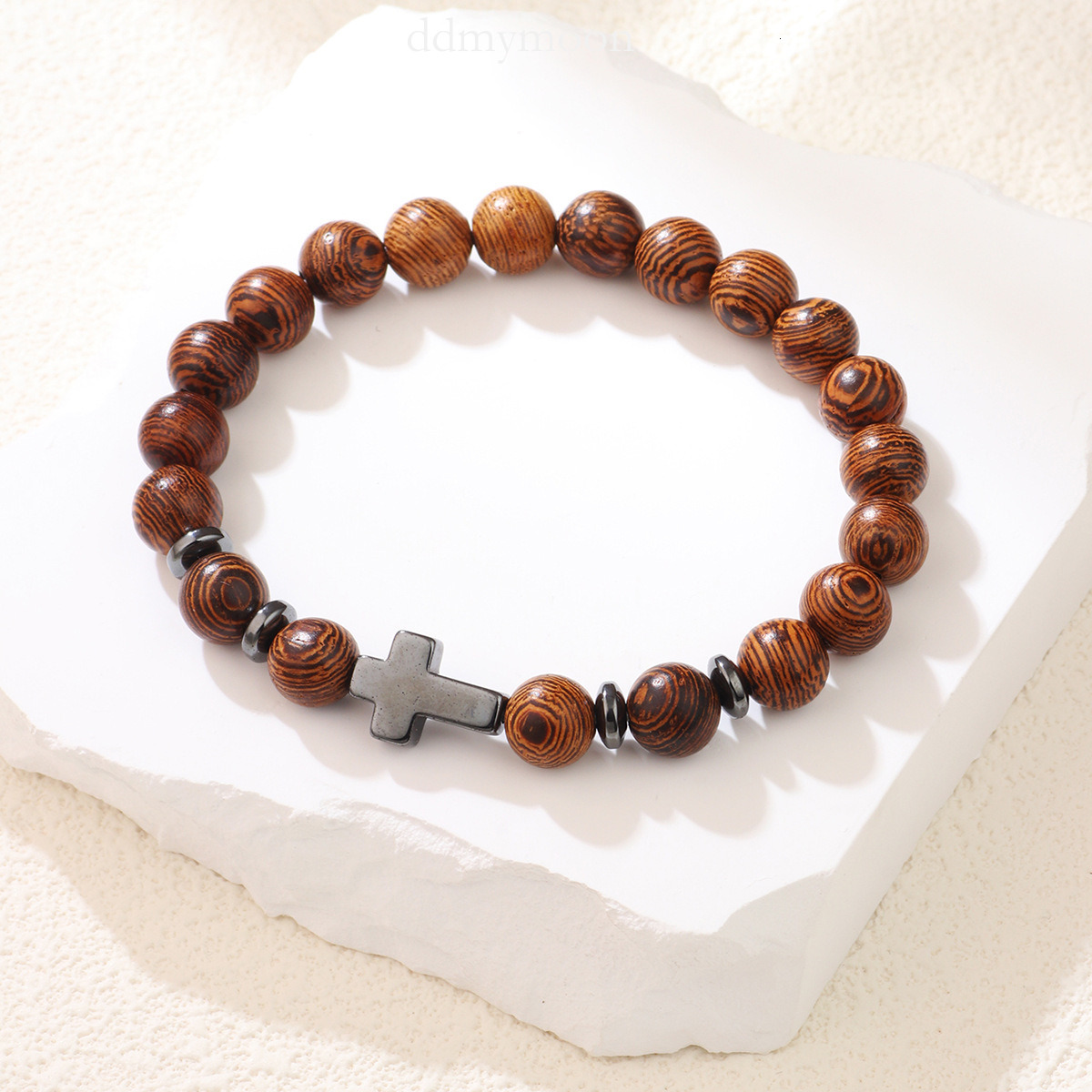 Black Gallstone Cross Beaded Men's Wood Grain Bracelet New Jewelry ddmymoon