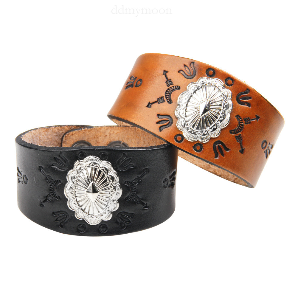 Temu Cowhide Punk Style Genuine Leather Exaggerated Emed Totem Bracelet Trendy Men's Essential ddmymoon