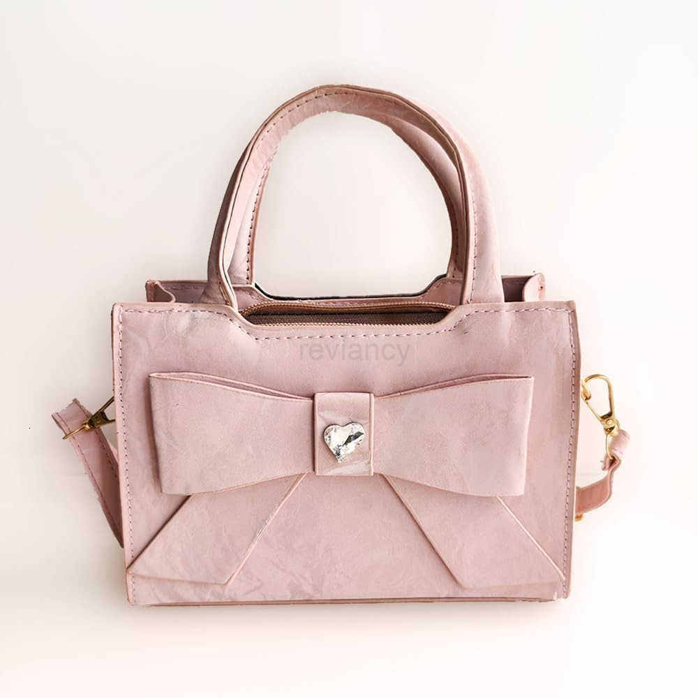 Ladies Bow Handbag with Crystal Heart Detail PU Leather Small Crossbody Purse with Top HandleW250913