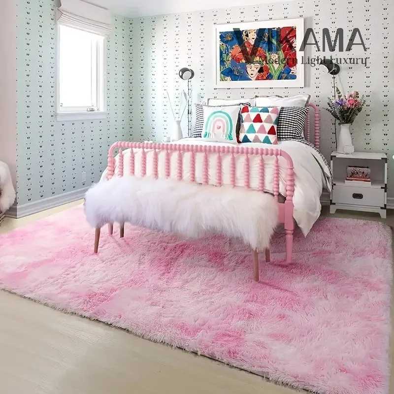 VIKAMA Pink cute girls bedroom headboard decorated with plush carpet Fluffy soft cloakroom bedside play area nonslip mat C250913