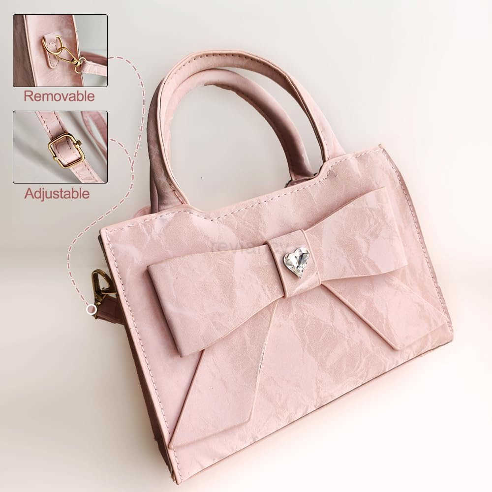 Ladies Bow Handbag with Crystal Heart Detail PU Leather Small Crossbody Purse with Top HandleW250913