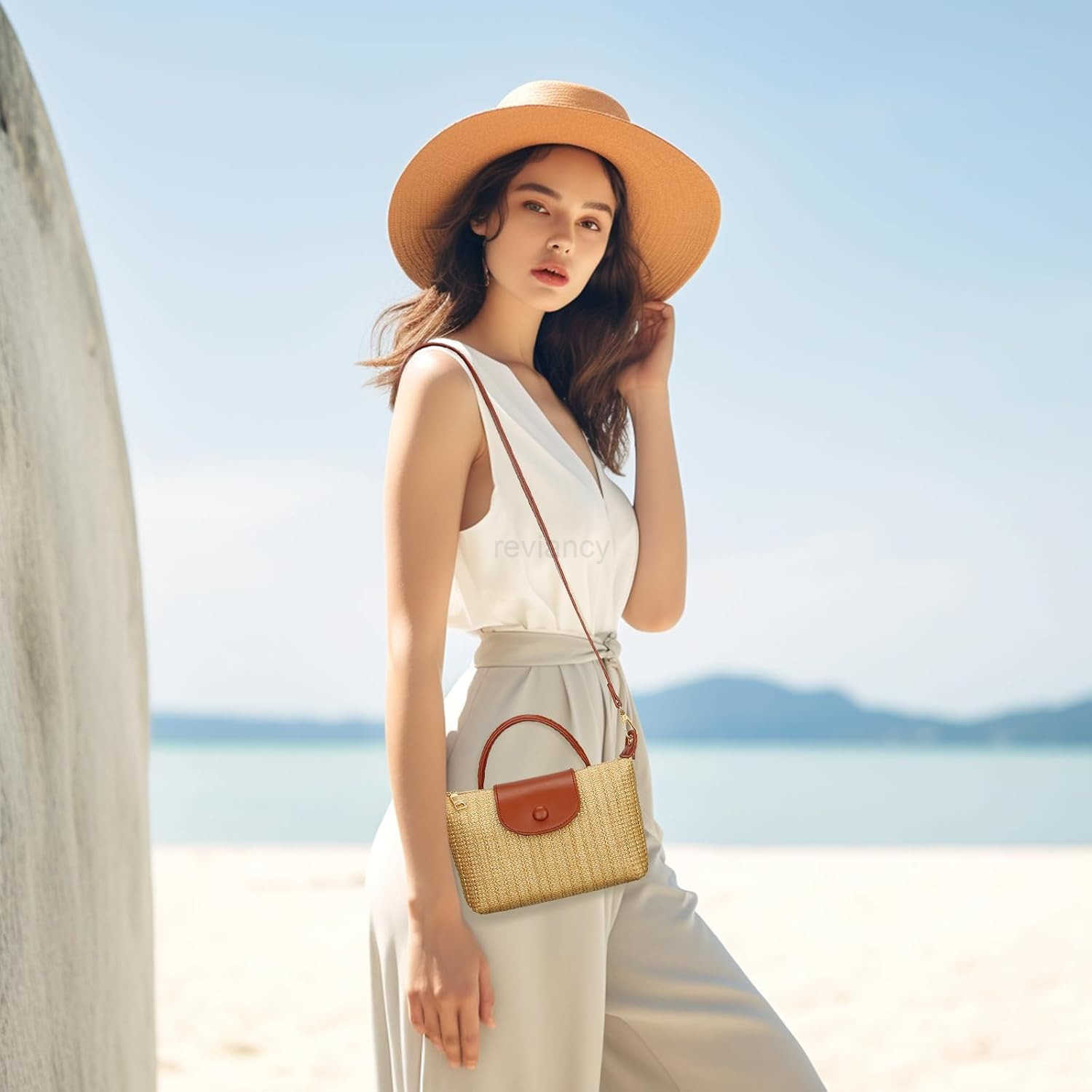 Top Handle Small Straw Woven Crossbody Bag for Women Summer Mini Straw Beach Clutch Shoulder Purse brownW250913