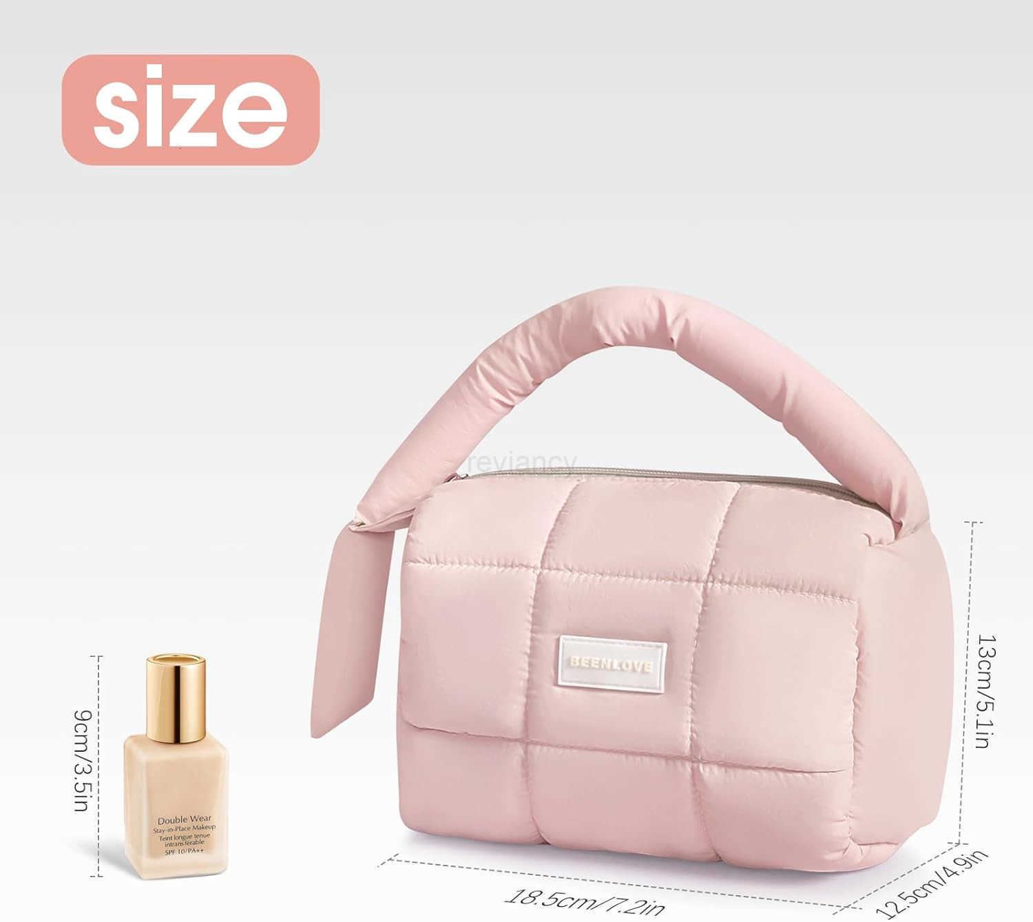 Cute Puffy Makeup Bag with Handle Quilted Cosmetic Organizer Bag Waterproof Travel Toiletry Pouch Portable Handbag with Zipper for Women and Girls Ros