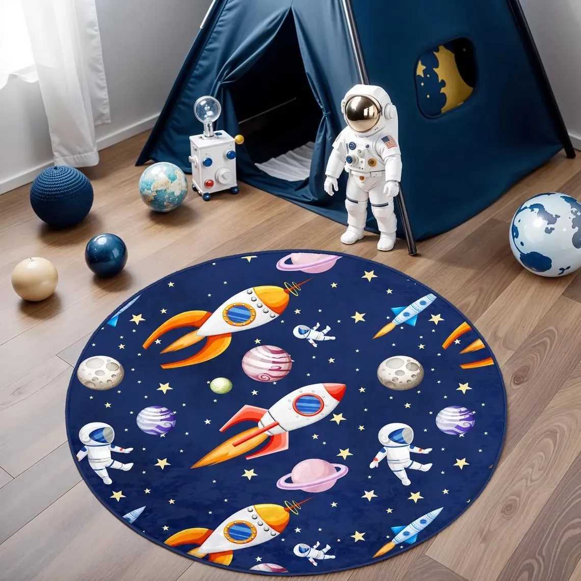 Planets Print CarpetAstronauts Playmat for Kids Room RugSpace Anti Slip MatNonSlip Home living room Circle Rug Door Mat C250913