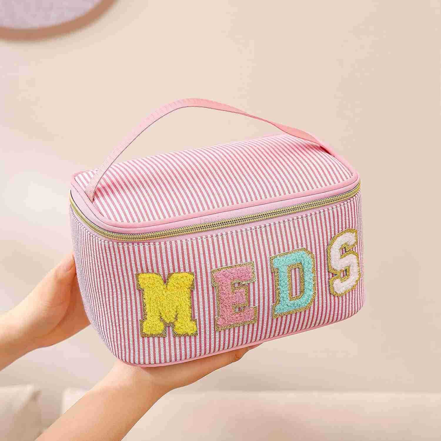 Personalized Chenille Letter Seersucker MEDS Makeup BagLarge Size Medicine RX Cosmetic Bag with Top Handle First Aid Travel Organizer Bag for Women Gi