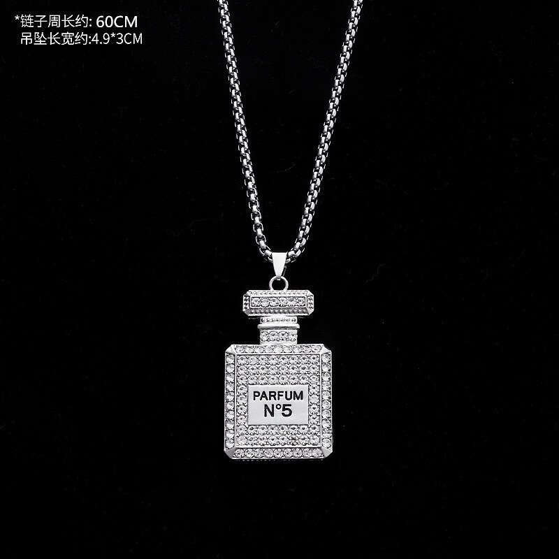 Full Dia Perfume Bottle Necklace for Women, Internet Celebrity Ins Trend, Hollow Pendant, Fashionable and Unique Sweater Chain, Sweatshirt Chain Acces